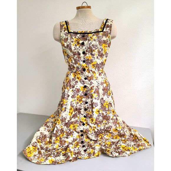 Vintage 1950s Georgette Yellow Floral Dress SMALL Midi Square Neck *Repaired* S - Picture 2 of 8